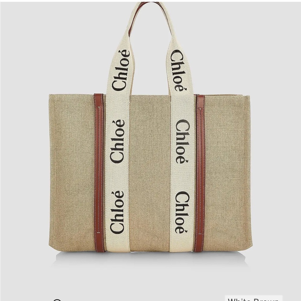 Chloé Large Woody Canvas Tote White Brown Linen Leather Made in Italy